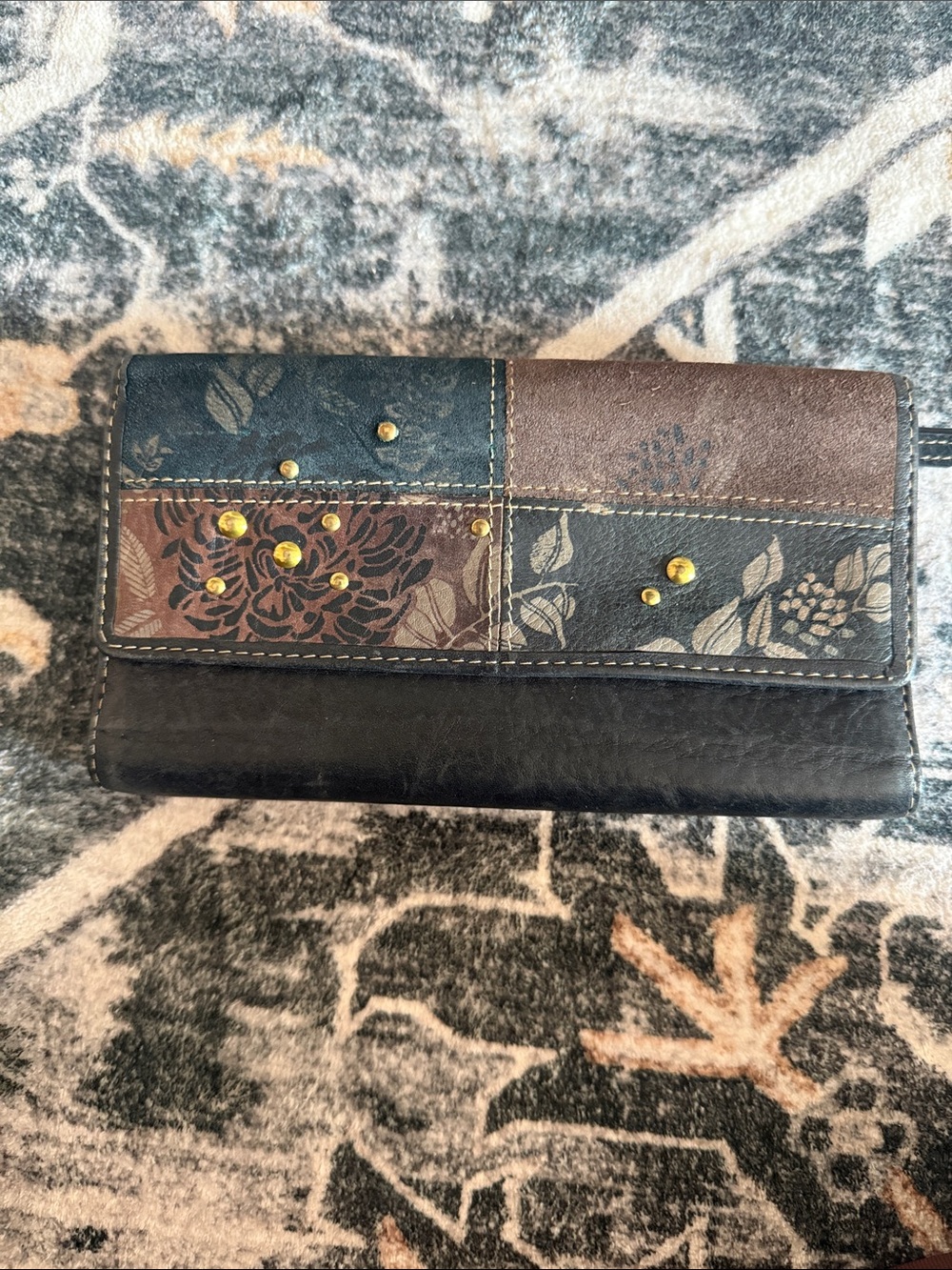 Fossil Patchwork Floral Leather Wallet - Black and Brown